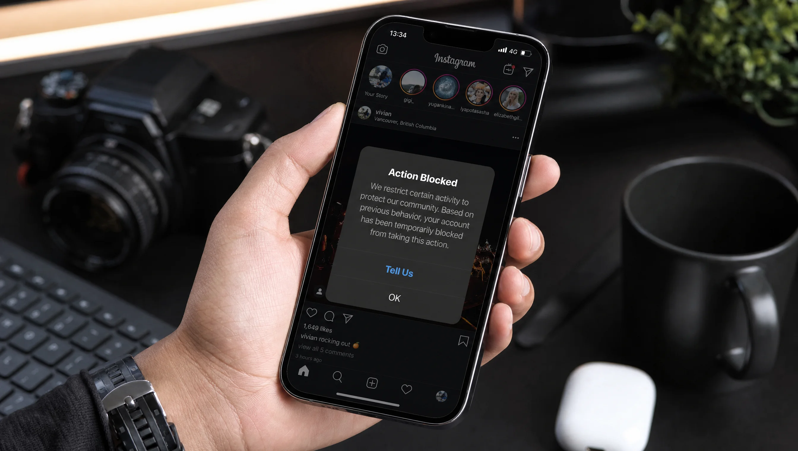 Smartphone screen displaying an Instagram Action Blocked notification