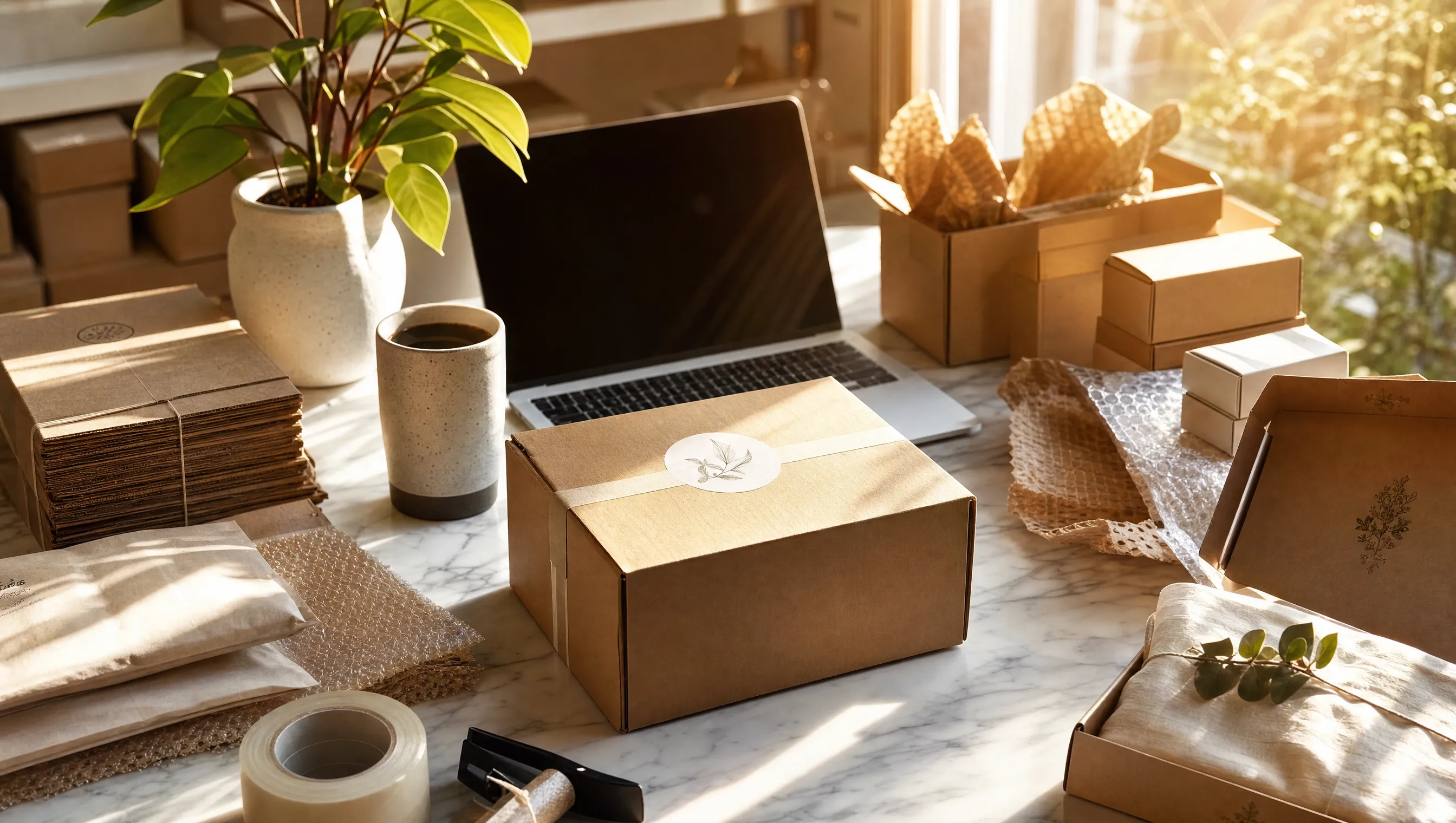 Ecommerce workspace with product packages and a laptop showing Instagram engagement notifications