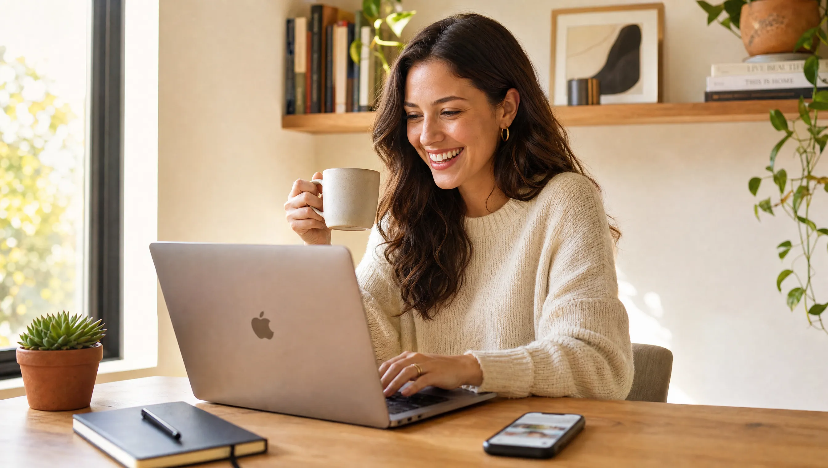 Smiling content creator at a sunlit desk with laptop and coffee, learning about Instagram automation