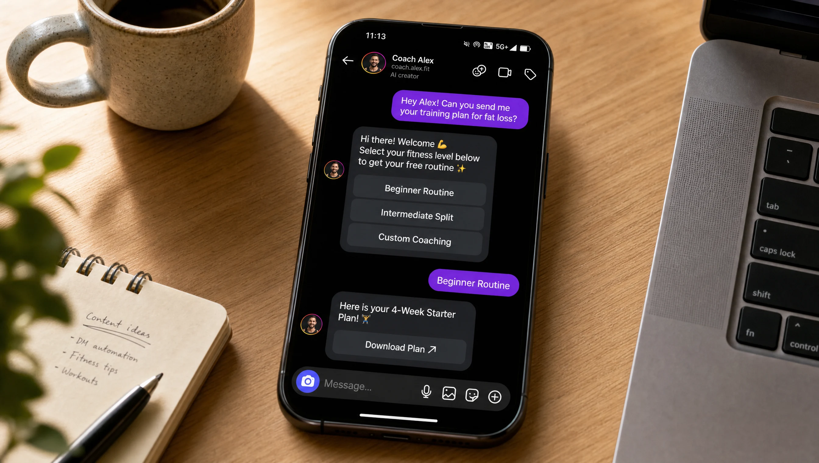 Instagram Direct Message keyword trigger automation flow on a smartphone screen showing interactive training plan options and instant automated replies