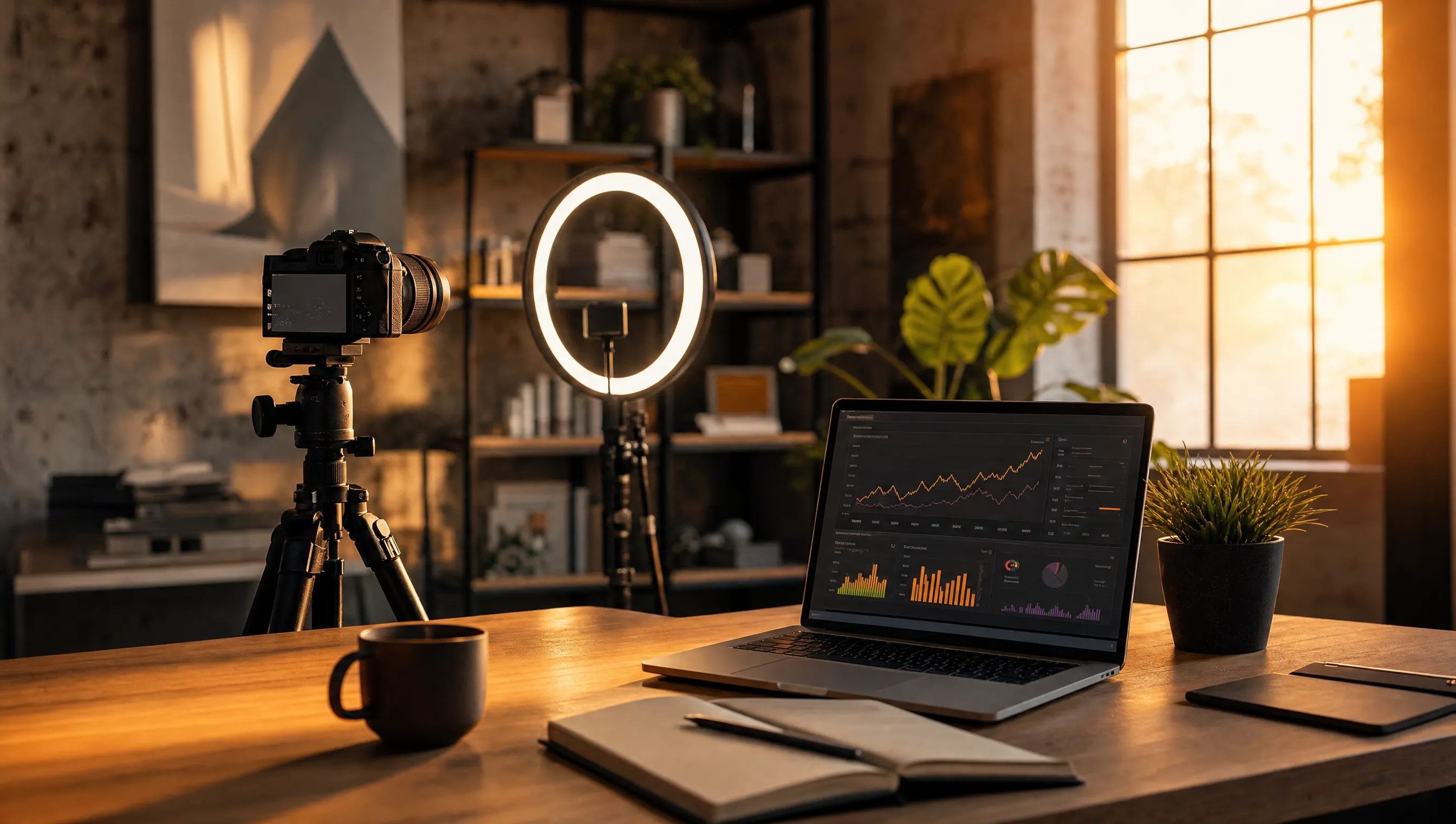 Creator filming an Instagram Reel with a production setup and ring light in a modern studio