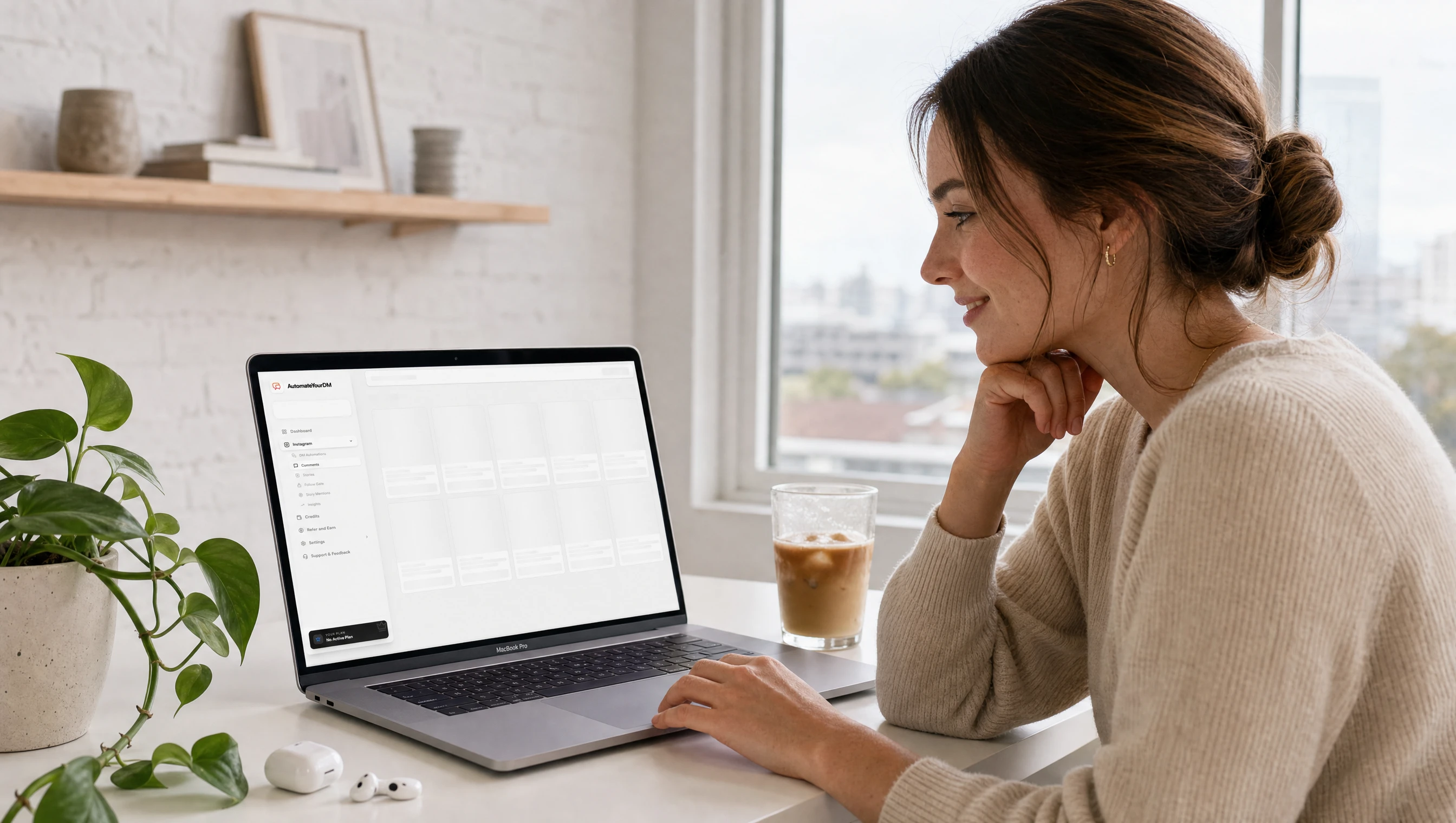 Entrepreneur comparing Instagram automation tools on a multi-screen desk setup