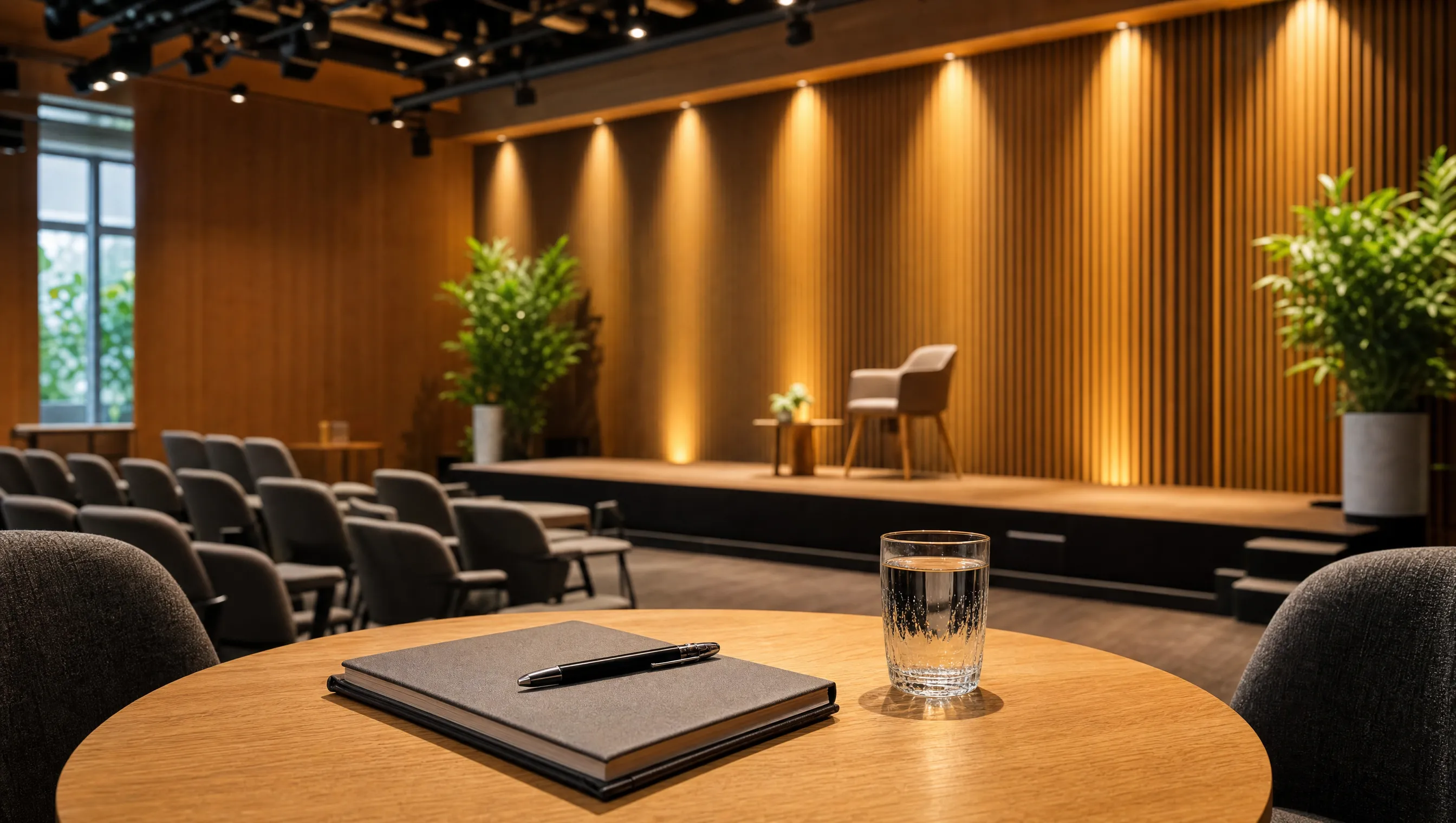 A sleek modern workshop stage with presentation slides and ambient studio lighting